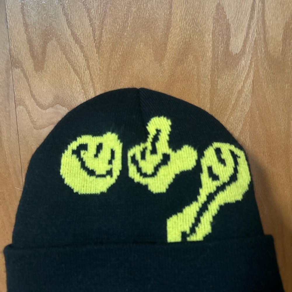 Black Beanie with Yellow Smiley Faces